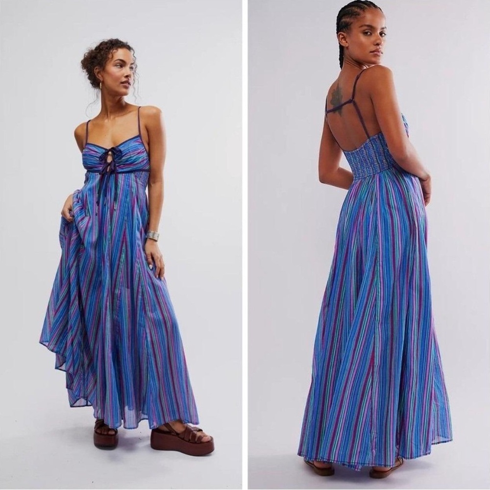 Free People Dream Weaver Maxi Dress Medium Rainbow Blue Striped Sundress